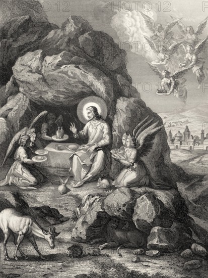 The ministry of angels to Christ, Steel engraving 1853, digitally restored