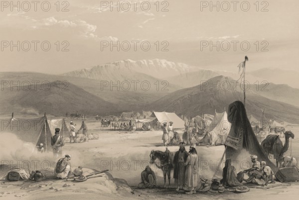 British Army Entering the Bolan Pass from Dadur, Toba Kakar range, Balochistan, Pakistan, First Anglo-Afghan War, sketch by James Atkinson, 1840