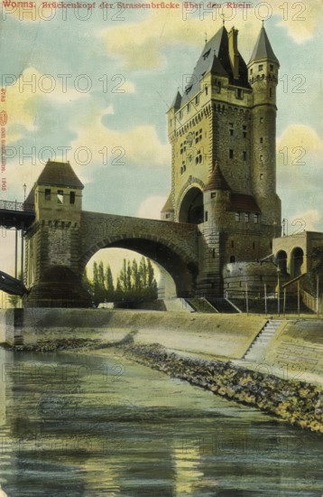 Historical postcard, picture postcard, bridgehead of the road bridge over the Rhine, Worms, Rhineland-Palatinate, Germany, digitally enhanced reproduction of an original from around 1900, picture postcard