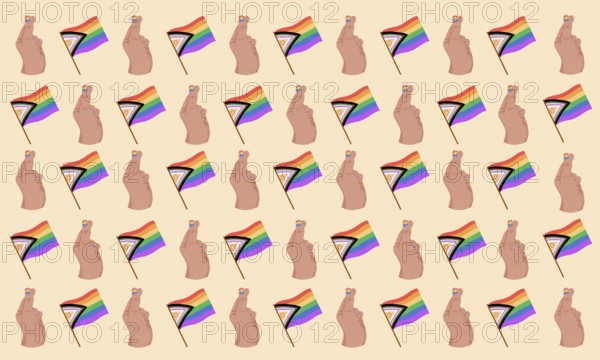 A seamless pattern featuring Pride flags and illustrated hand gestures with painted nails on a neutral background. Perfect for celebrating diversity and inclusion