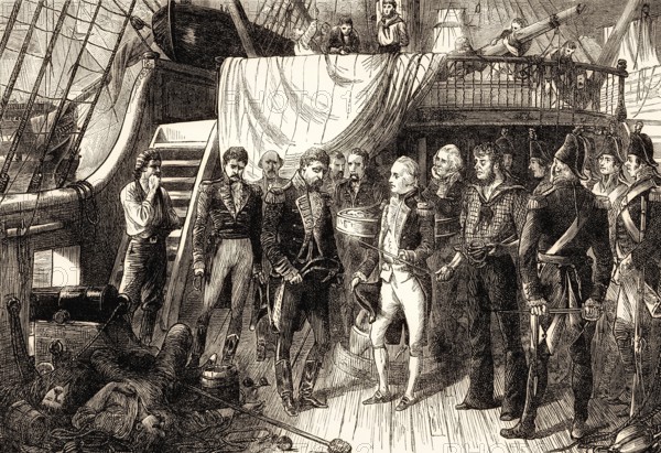 Admiral Horatio Nelson receiving the Spanish Admiral's sword, Battle of Cape St. Vincent, 1797, From British Battles on Land and Sea, by James Grant