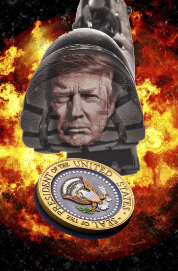 Symbolic image, Trump kicks the great US presidential seal, US democracy in danger, EU and Germany under political pressure, industry, Donald Trump, tariff threats, Elon Musk, Mark Zuckerberg, social networks, fake news, rights broken, hate, hate speech, DSG Digital Services Act, re-election, USA, politics, announcements, vendetta, wanted dictator, Republicans, US electoral system, global danger, lies, 2nd term, global burden, Ukrainian war, storm White House