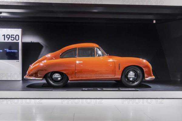 Porsche Museum Stuttgart-Zuffenhausen. Porsche 356-2 Coupé from 1948. The automotive museum of Dr. Ing. h.c. F. Porsche AG shows racing cars and iconic cars from automotive history. Since opening in 2009, it has attracted over 6.5 million visitors. interior view. Stuttgart, Baden-Württemberg, Germany