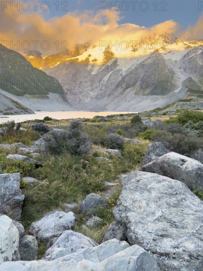 Sunrise on the Hooker Valley Track hiking trail, Mount Cook National Park, South Island, New Zealand, Oceania