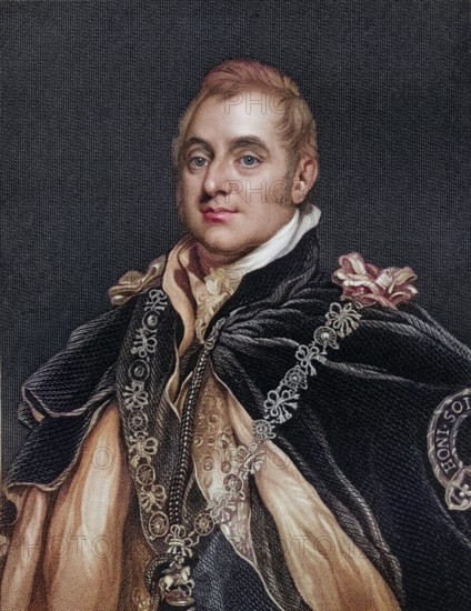 Henry Charles Somerset, 6th Duke of Beaufort 1766-1835, engraved by TADean after T. Phillips. From the book National Portrait Gallery Volume I, published in 1830, digitally restored reproduction from a 19th century original, record date not stated