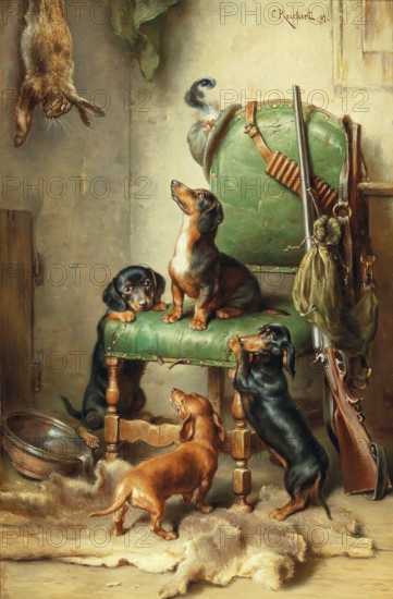 Carl Reichert, Karl Reichert, pseudonym J. Hartung (born 27 August 1836 in Vienna, died 5 April 1918 in Graz) . Austrian painter, above all landscape painter and animal painter. Here is his work:, Not yet hare-clean, Four young dachshund puppies have crept into a hunting chamber and are curiously looking at a hare hanging on the wall, Painting, Reproduction of the painting, Work of art, Historical