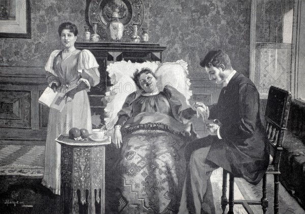 The patient, young doctor feels the pulse of a sick person, doctor on home visit, 1891, authentic, digitally restored reproduction from a 19th century model, exact date of presentation unknown, historical, a woman lying in bed while a man and another woman take care of her