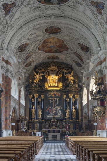 Interior with high altar and Lenten cloth, painted by Paul Honecke in 1626, baroque collegiate church, built 1651-1687, Klostergasse 7, Wilten, Innsbruck, Austria