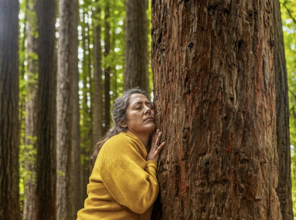 A woman in a yellow sweater embraces a tall tree, eyes closed, connecting deeply with nature in a peaceful forest setting filled with towering trunks and lush greenery in the Great Ocean Road