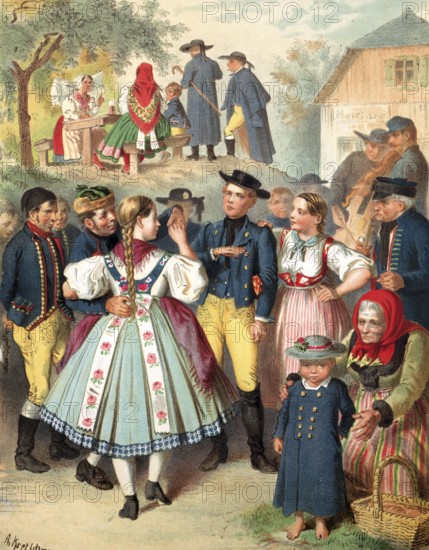 Traditional costumes in Germany around 1820, Bohemia, Pilsen district, A group of people in traditional traditional costume at a celebration in the village, digitally retouched reproduction of a model from around 1850, by Albert Kretschmer (27 February 1825, 11 July 1891), German painter and costume expert