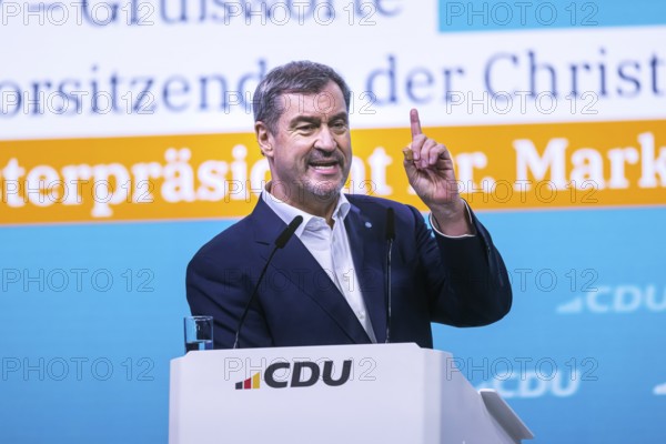 38th Federal Party Congress of the CDU of Germany in Stuttgart. Greetings from Markus Söder, party leader of the sister party CSU and Minister-President of the Free State of Bavaria. Stuttgart, Baden-Württemberg, Germany