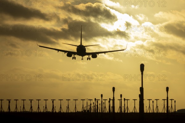 Boeing 737 commercial passenger airliner jet aircraft of Ryanair airways in flight on approach to land over runway lights at sunset at London Stansted airport, Essex, England, United Kingdom