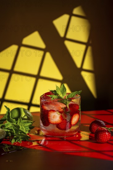 A refreshing strawberry mojito garnished with fresh mint and sliced strawberries in a clear glass. Set on a vibrant red surface, with a lime and mint leaves beside it against yellow background