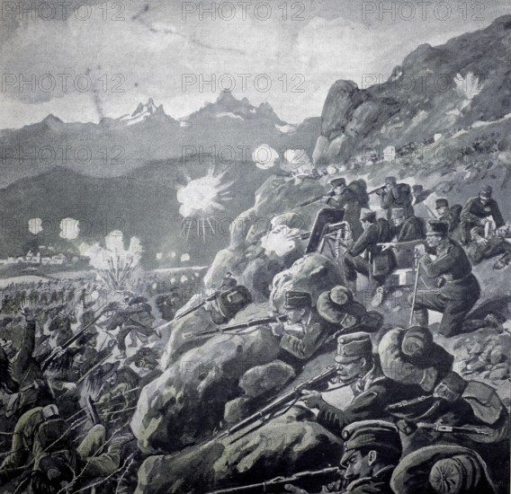 World War 1, During the battles on the Isonzo. On 6 June 1915 the Italian infantry ran into a barbed wire obstacle of the Turks near Groina (original text from 1915), Illustration, Reproduction from a 19th century original. Authentic, file restored for optimal use, exact date of original unknown, Historical, Historical military scene showing infantry soldiers in the mountains during a battle, surrounded by smoke and explosions