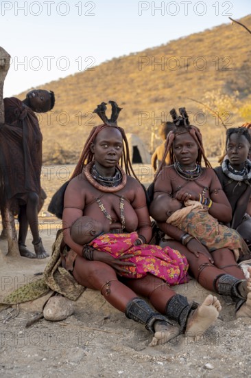 Married Himba woman with their babies in their arms sitting in front of the hut of the first woman, in the morning, traditional Himba village, Kaokoveld, Kunene, Namibia