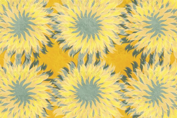 This vibrant background features an artistic rendering of sunflower blooms in shades of yellow and green, ideal for vibrant wallpaper or textile designs