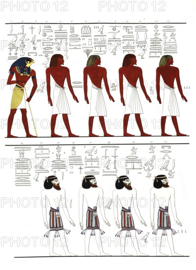 The different kinds of men known to the Egyptians, depicted in the tomb of Menphtah I. The first are the Egyptians themselves, and all are succeeded by the god Horus, 1832-1844, The Monuments of Egypt and Nubia, drawn by the Tuscan Scientific-Literary Expedition to Egypt, illustrated by Doctor Ippolito Rosellini., Historical, digitally restored reproduction from an original of the period