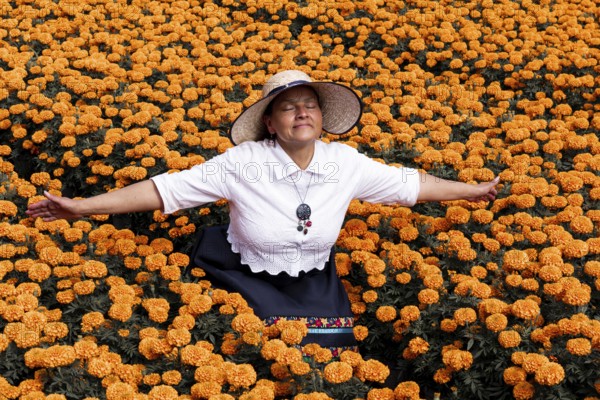 A serene woman enjoys the vibrant display of cempasuchil flowers, traditionally used in Day of the Dead altars, capturing the cultural essence of Xochimilco, Mexico