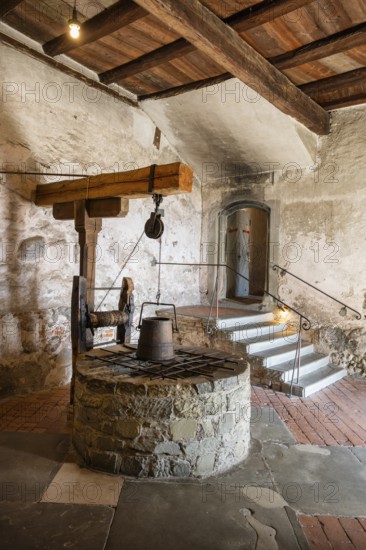 Fountain parlour with the castle fountain in the historic Meersburg Castle, museum, sight, Lake Constance, Lake Constance district, Baden-Württemberg, Germany