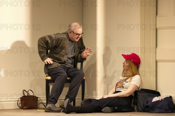Joachim Krol (Wolfgang), Christin Nichols (Helena), Sophia oder das Emde der Humanisten, German premiere, photo rehearsal on 11.03.2026 at the Renaissance Theatre, Berlin, premiere on 15.03.2026