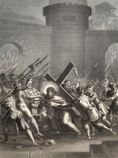 Jesus is led outside the gate to Mount Calvary, New Testament, steel engraving 1853, digitally restored