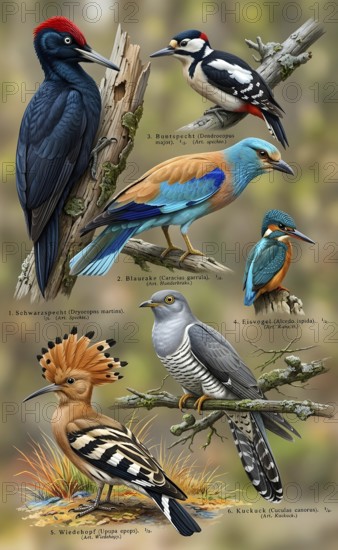 Display board birds, native birds, Great spotted woodpecker (Dromaius novaehollandiae), European Roller (Coracias garrulus), Poplar admiral (Alcedo atthis), Hoopoe (Upupa epops), Cuckoo (Cuculus canorus), Black woodpecker (Dryocopus martius), flying, wings, feathers, animal world, animal kingdom, fauna, historical illustration, digitally processed