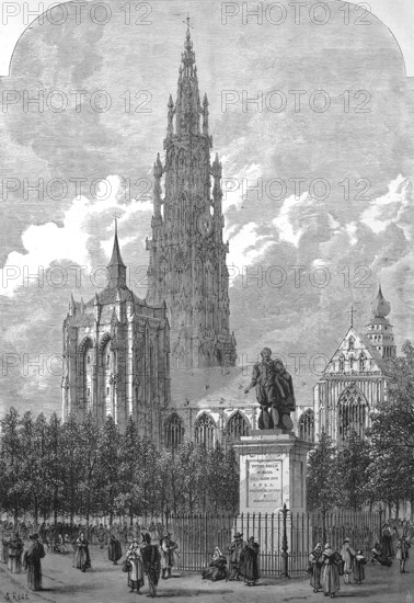 The Groenplaats, place vert, with the statue of Peter Paul Rubens, in the background the Cathedral of Our Lady, 1869, Antwerp, Belgium, Historic, digitally restored reproduction of a 19th century original