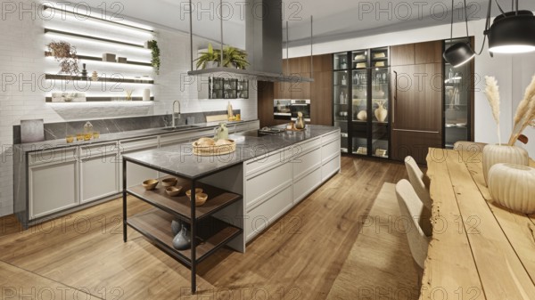 Design of a spacious and modern kitchen featuring a large marble island, wooden flooring, and elegant lighting. Open shelves with decor elements enhance its contemporary style