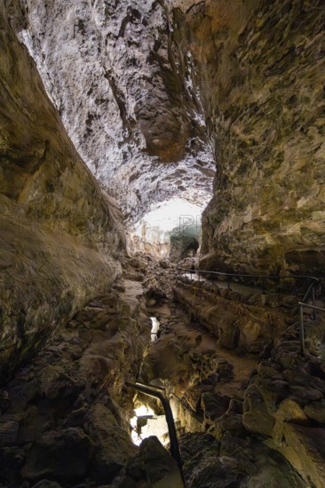 Underground cave formed by lava flow, illuminated lava cave, Cueva de los Verdes, Lanzarote, Canary Islands, Spain