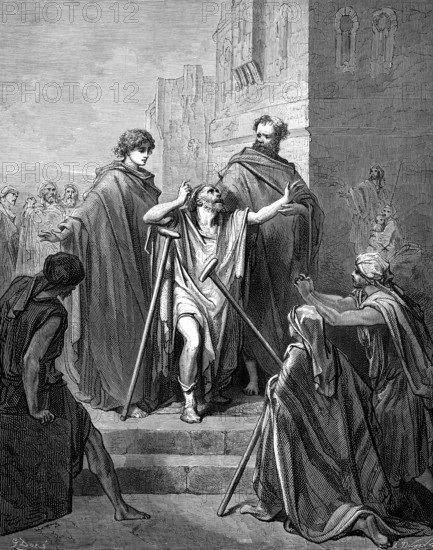 Peter and John heal a lame man, Acts chapter 3, verse 7, paralyzed person, right hand, illness, sick, lame, crutch, feet, legs, joints, health, healthy, joy, glad, thank God, building, step, Christian religion, Bible, New Testament, steel engraving Doré, historical illustration 1885