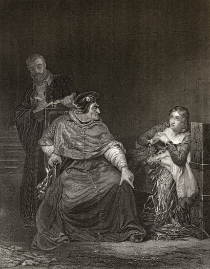 Kardinal Beaufort verhört Jeanne d'Arc im Gefängnis, Szene aus Heinrich VI, Teil 1, einem Historienspiel von William Shakespeare