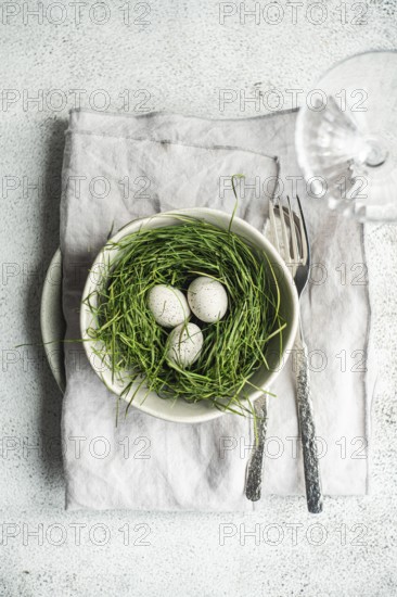 Top view of a simple yet elegant Easter table setting featuring a bowl with a nest of fresh green grass and three speckled eggs. A pair of vintage forks completes the serene tableau, styled on a soft linen napkin against a textured light background