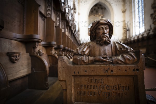 Carved half-figure, oak choir stalls for the monks, 1493 by Jörg Syrlin the Younger, also Sürlin or Serling, sculptor, completed, choir room, Blaubeuren Abbey, Swabian Jura, Baden-Württemberg, Germany