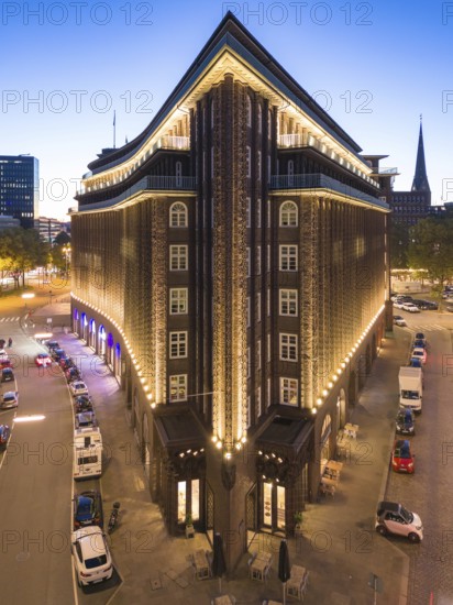Aerial view of the Kontorhaus Chilehaus in Hamburg's Kontorhaus district at the blue hour, Hamburg, Germany