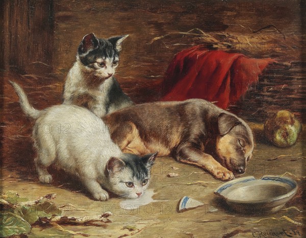 Carl Reichert, Karl Reichert, pseudonym J. Hartung (born 27 August 1836 in Vienna, died 5 April 1918 in Graz) . Austrian painter, especially landscape painter and animal painter. Here his work:, In the Pantry (1884), a peaceful scene in a rustic setting in which two playful kittens lick up milk from a floor while a brown puppy sleeps beside them, Painting, Reproduction of the painting, Work of art, Historical