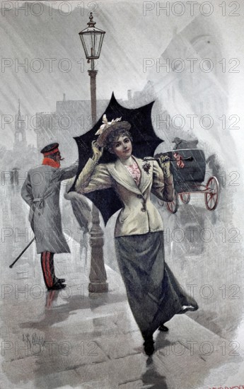 Spring rain, a young woman with an umbrella, hat and a contemporary dress. In the background, a man in uniform and a carriage can be seen. The scene is set on a busy street with a lantern, 1896, illustration, reproduction from a 19th-century model. Authentic, file restored for optimal use, exact date of submission unknown, Historical, A woman with an umbrella fighting the wind while a man stands behind her, in a stylized urban setting