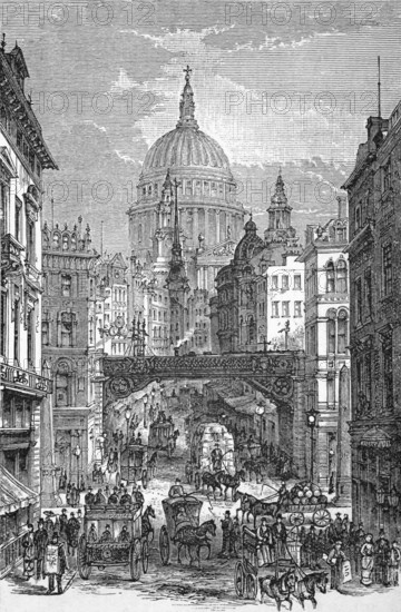View towards St Paul's Cathedral, horse traffic on Ludgate Hill, around 1870, London, England, digital reproduction of a historical original
