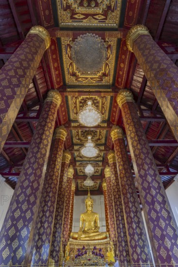 Golden Buddha statue, Phra Phuttha Nimit, and coffered ceiling in the ubosot of Wat Na Phra Men, also Wat Na Phra Meru, a Buddhist temple complex, Wat, Ayutthaya, Central Thailand, Thailand