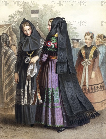 Traditional costumes in Germany around 1820, Province of Saxony, Dannstedt, woman in dark, traditional costumes with veils take part in a meeting, digitally retouched reproduction of a model from around 1850, by Albert Kretschmer (27 February 1825, 11 July 1891), German painter and traditional costume expert