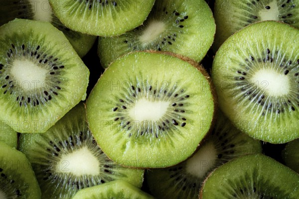 Top view of fresh kiwi slices displaying their vibrant green flesh and dark seeds. The close up highlights the juicy texture and natural beauty of the fruit