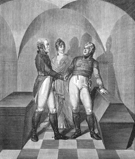 Emperor Alexander I of Russia at the tomb of Frederick II. at the Garrison Church in Potsdam, with Frederick William III of Prussia in the presence of Queen Louise, 1805, Louise of Mecklenburg-Strelitz, 1776 - 1810, queen consort of Prussia