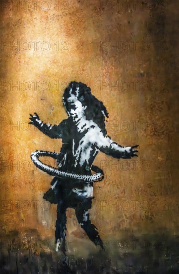Banksy - Hoola Hoop Girl, motif for new beginnings, strength and joy in the broken, 2020, Nottingham, UK, exhibition The World of Banksy