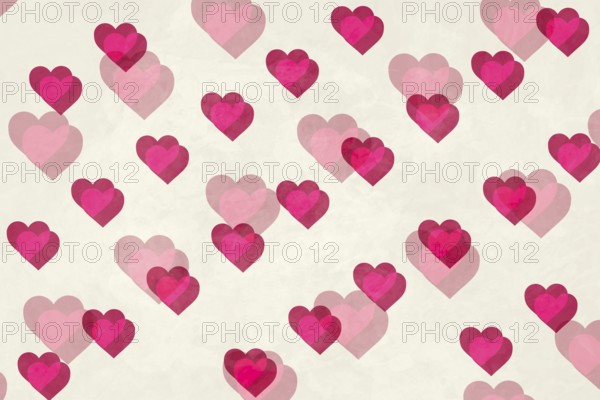 A charming pattern of pink and red hearts gracefully overlapping on a light textured background, creating a lovely romantic aesthetic. Perfect for Valentines Day designs