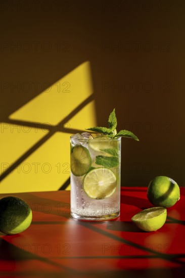 Vibrant image of a classic mojito, featuring fresh lime slices and mint leaves. Set against a bold red surface and warm yellow and brown shadows, emphasizing a lively ambiance