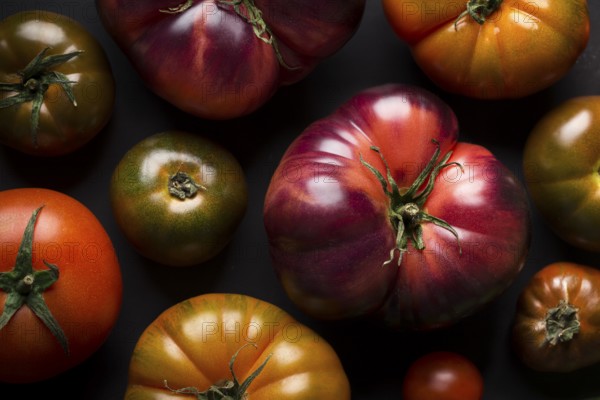 From above different fresh tomatoes on a black table