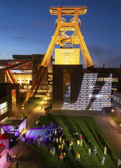 Advertising for participation in the referendum on the Olympic bid of North Rhine-Westphalia, with the Rhine-Ruhr region, Cologne-RheinRuhr, interactive light installations can now be seen at 5 different well-known sights, which are aimed at the citizens of the affected cities and regions to take part in the vote, here the Doppelbock conveyor framework of shaft 12, at the Zollverein colliery in Essen