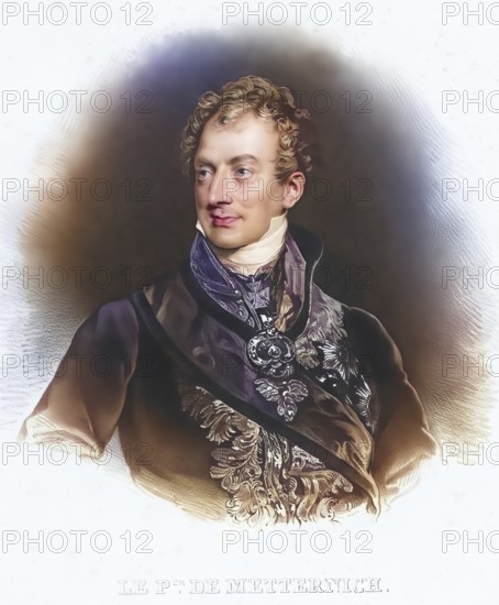 Klemens Wenzel Lothar von Metternich (in full Clemens Wenceslaus Nepomuk Lothar, Prince, until 1813 Count von Metternich-Winneburg zu Beilstein, born 15 May 1773 in Koblenz, died 11 June 1859 in Vienna) was an Austrian diplomat, politician and statesman, Historical, digitally restored reproduction from a 19th century original, Record date not stated