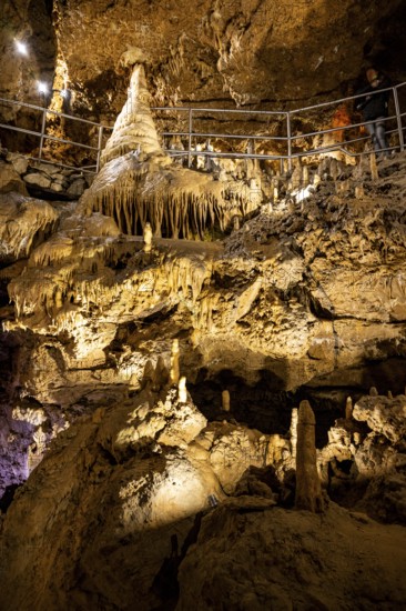 Stalagmites and stalactites in a cave, Devil's Cave Pottenstein, Franconian Switzerland, Franconia, Bavaria, Germany