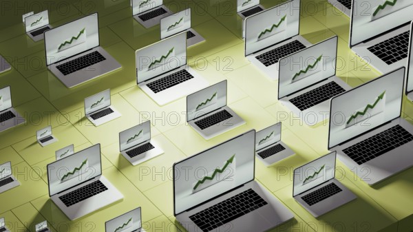 Multiple laptops showcase upward stock market trends in a modern business workspace, reflecting real-time financial data during trading hours