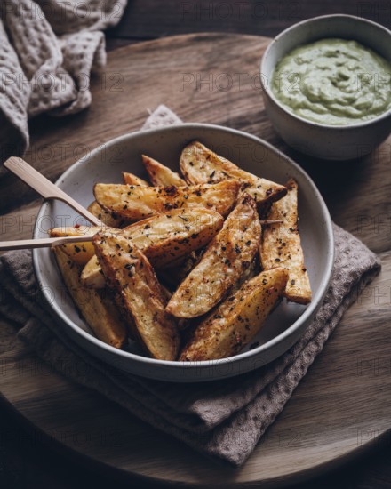 A bowl of rustic potato wedges seasoned with herbs and spices, served with a creamy dip. The setting is cozy with a wooden table and cloth napkins